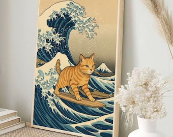 Great Wave Surfing Cat Art Print | Japanese Ukiyo-e Style Digital Print | Fun Cat Lover Wall Art | Perfect Surfing Gift Decor