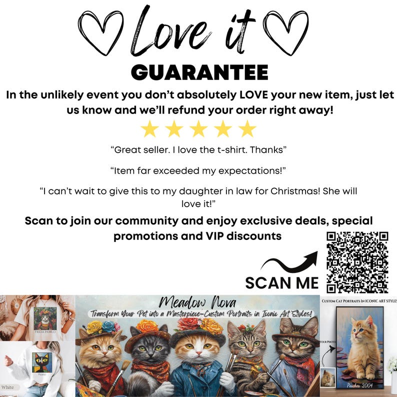 K&ouml;nnte beinhalten: Eine digitale Illustration von vier Katzen, die Malerh&uuml;te tragen und Pinsel halten. Die Katzen stehen vor einem wei&szlig;en Hintergrund mit dem Text "Meadow Nova" und "Transform Your Pet into a Masterpiece-Custom Portraits in Iconic Art Styles".