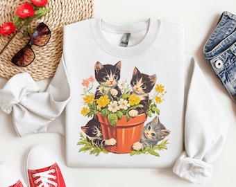 Vintage 90s Cottagecore Cat Sweater, Plant Lover Sweatshirt, Cats and Plants Sweater, Gardner Sweater, Retro Kitten Sweatshirt, Cat GIft