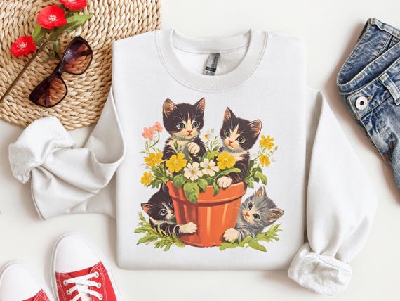 Vintage 90s Cottagecore Cat Sweater, Plant Lover Sweatshirt, Cats and Plants Sweater, Gardner Sweater, Retro Kitten Sweatshirt, Cat GIft