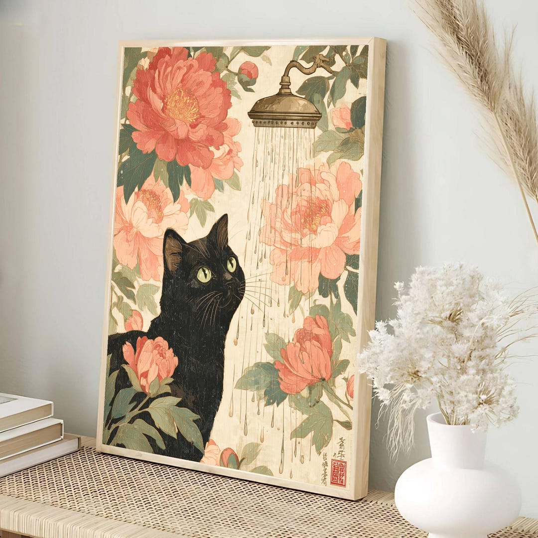 Japanese Style Shower Art Print | Bathroom Decor Poster | Cat Lover ...