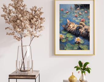 Monet Seerosen Katze Kunstdruck | Digitaler Download | Impressionistischer Katzendekor | Tierliebhaber Geschenk | Klassischer Kunststil | Impressionismus-Stil Kunst