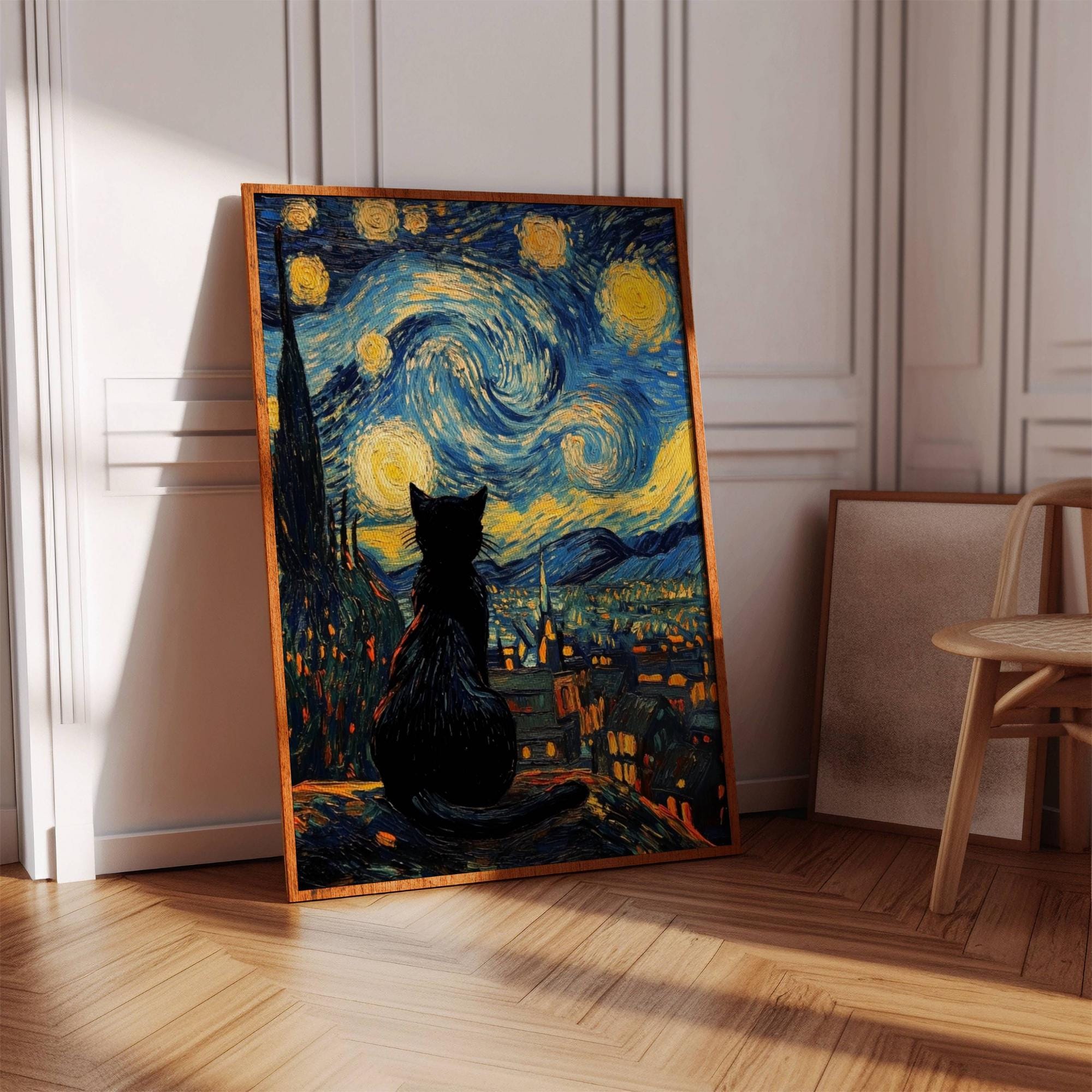 Van Gogh Black Cat Starry Night Poster, Black Cat Art Print ...