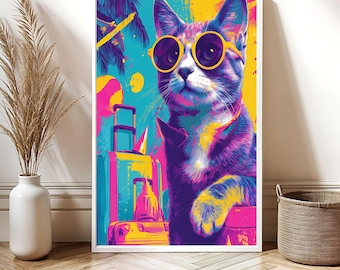Impresión de gato de fiesta de arte pop retro / Descarga digital de gato moderno / Arte de pared de estilo vintage / Regalo para amantes de los gatos / Decoración colorida / Descarga instantánea