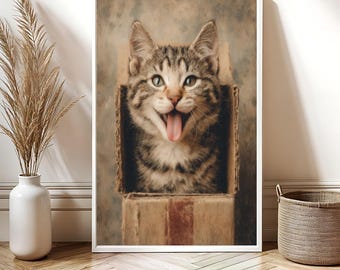 面白い箱入り猫のデジタルアートプリント | 風変わりな猫好きのポスター | ユーモラスな壁アートデコレーション | ご自宅用のユニークなペットギフト | 印刷可能なアート