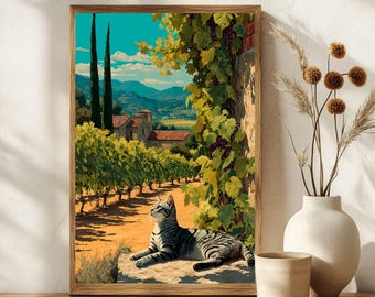 Könnte beinhalten: Ein gerahmter Kunstdruck zeigt eine Weinbergszene mit einer Katze. Das Kunstwerk zeigt eine liegende Katze, Weinberge, Gebäude und Berge. Die Farbpalette umfasst Grün-, Braun- und Blautöne. Der Druck ist in einem Holzrahmen.