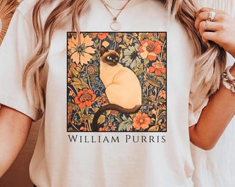 William Morris Siamkatze Shirt, Cottagecore Katzenliebhaber Geschenk, süßes Katzen T-Shirt mit Blumen, Vintage florales feministisches Shirt, Kunstliebhaber T-Shirt