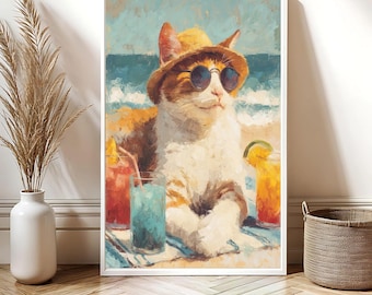 Tropical Cat Art Print | Beach Lover Cat Poster | Digital Download Art Print | Cat Lover Gift | Vibrant Summer Wall Art | Summer Vibes
