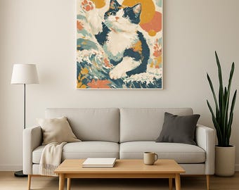 Abstract Wave Cat Art Print | Modern Cat Digital Print | Vibrant Pop Art Decor | Pet Lovers Gift | Unique Wall Art | Instant Art Download