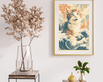 Kawaii Ukiyo-e Summer Cat Art Print | Japanese Style Cat Poster | Seasonal Wall Art | Summer Decor | Anime Cat Gift | Instant Download