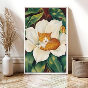 Georgia O&#39;keeffe Flowers Cat Poster, Floral Wall Art, Cat Wall Decor, Gift For Cat Lovers, Georgia Okeeffe Print, Botanical Boho Art Print