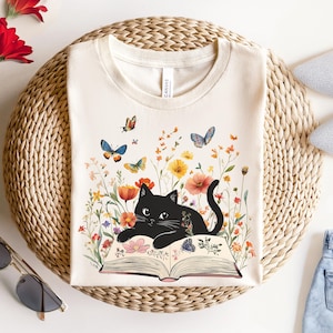 Floral Cat Shirt, Cat Lover T-shirt, Cat Book Shirt, Cat Lover Gift, Gift for Her, Cat Mom Shirt Gift, Cute Cat Shirts, Cute Book Cat Tshirt