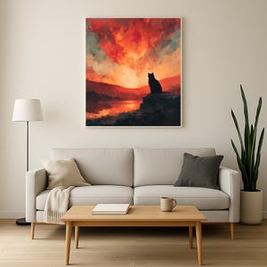Wydruk artystyczny krajobrazu z kotem o zachodzie słońca | Pobieranie cyfrowe spokojnego kota | Prezent dla miłośników zwierząt | Sztuka ścienna o spokojnej naturze | Wystrój domu | Samotny ocalały