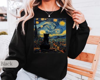 Vincent Van Gogh Starry Night Black Cat Shirt, Starry Night Shirt, Gift For Cat Lover, Cat Mom Shirt, Cat Dad Shirt, Cat Lover Sweatshirt