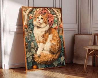 May include: A framed art print featuring a ginger and white cat with a gold collar, set against a backdrop of flowers and foliage. The artwork is in a wooden frame and leans against a wall. The cat is the focal point of the artwork.