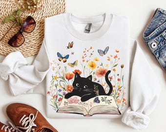 Floral Cat Sweatshirt, Cat Lover T-shirt, Cat Book Shirt, Cat Lover Gift, Gift for Her, Cat Mom Gift, Cute Cat Shirts, Cute Book Cat Tshirt