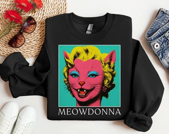 Madonna Pop Art Katze Sweatshirt, lustiges Katzen-Shirt, Andy Warhol Retro Sweatshirt, lustiges Tshirt für Katzen- und Kunstliebhaber, Vintage Shirt