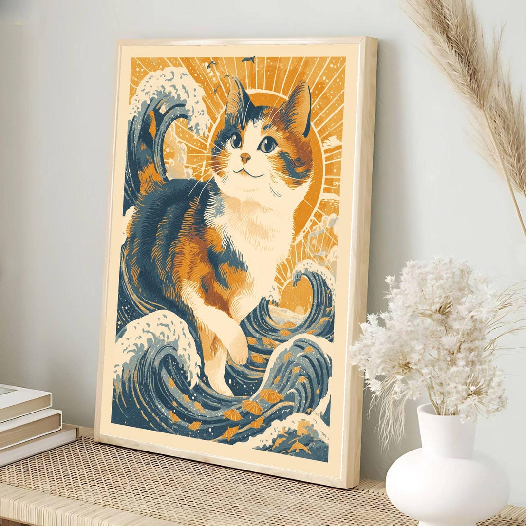 Neo-ukiyo Great Wave Cat Art Print | Japanese Style Digital Print | Cat ...