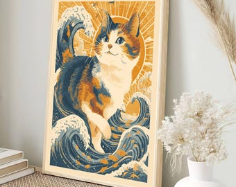 Neo-Ukiyo Great Wave Cat Art Print | Japanese Style Digital Print | Cat Lover Wall Art | Whimsical Decor Gift | Instant Download