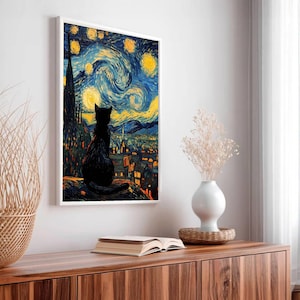 Van Gogh Starry Night Art Print | Digital Download | Famous Painting Poster | Wall Art Gift | Impressionist Home Decor | Black Cat Art