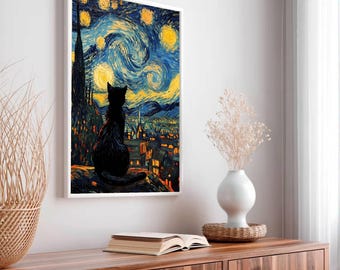 ゴッホの星月夜アートプリント | デジタルダウンロード | 名画ポスター | ウォールアートギフト | 印象派のホームデコレーション | 黒猫アート