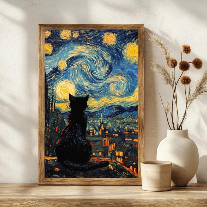 Van Gogh Black Cat Starry Night Poster, Black Cat Art Print ...