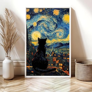 Van Gogh Black Cat Starry Night Poster, Black Cat Art Print, Housewarming Gift, Decor For Home or Office, Bathroom Wall Decor