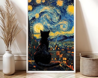 Van Gogh Black Cat Starry Night Poster, Black Cat Art Print, Housewarming Gift, Decor For Home or Office, Bathroom Wall Decor