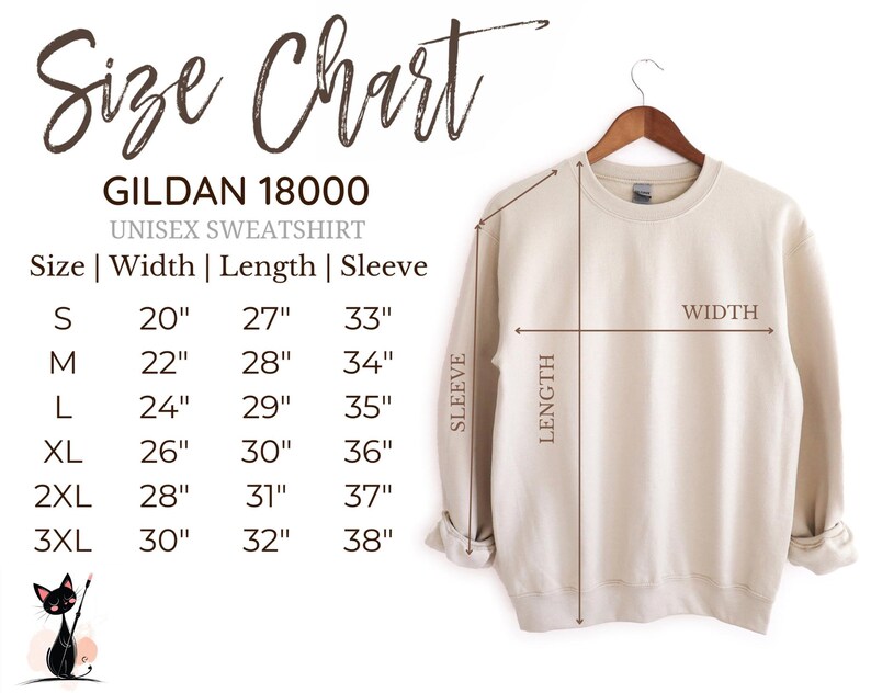 May include: Size chart for a unisex Gildan 18000 sweatshirt. The chart shows measurements in inches for width, length, and sleeve length for sizes S, M, L, XL, 2XL, and 3XL.
