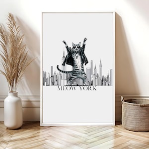 Meow York Cat print, grappige New York City kat kunst aan de muur, coole kat print, NYC decor, kattenkunst voor woonkamer, grappige kat digitale download