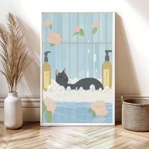 Black Cat in Bathtub, Japanese Bathroom Decor, Japan art print, Aesthetic Wall Art, Neutral Minimalist Poster, Bathroom Wall Gift