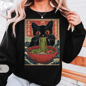 Anime Cat Ramen Hoodie, Kawaii Noodle Sweatshirt for Otaku Cat Lovers, Japanese Retro Sweatshirt, Vintage Style Shirt