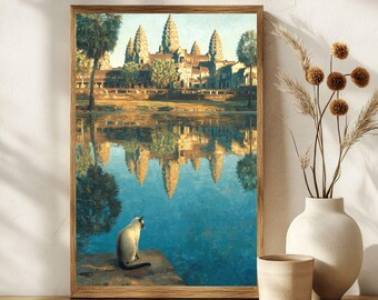 Surrealistische kunstafdruk Siamese kat | Fantasieposter ochtendgracht | Muurdecoratie lente | Cadeau kattenliefhebber | Moderne digitale download