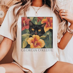 Georgia O&#39;Keeffe Cat T-Shirt, Boho Cat Tee, Vintage Art Shirt, Black Cat Tee, Gift For Cat Mom or Cat Dad, Georgia Okeeffe Flowers