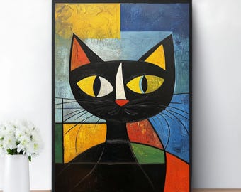 May include: Abstract painting of a black cat with yellow eyes and a red nose. The cat is set against a background of colourful geometric shapes in shades of yellow, blue, green, and red.