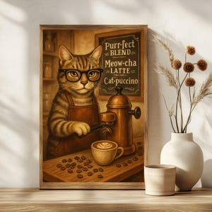 Coffee Cat Art Print | Barista Cat Wall Art | Coffee Shop Decor | Cat Lover Gift | Funny Kitchen Art | Gift for Coffee Lover | Hipster Cat