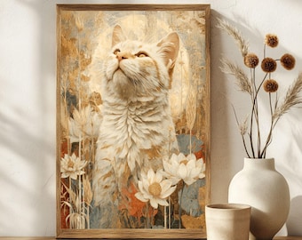 Puede incluir: Una impresión artística enmarcada que presenta un gato mirando hacia arriba, rodeado de flores y trigo. La obra de arte tiene una paleta de colores cálidos con tonos beige, dorado y naranja. El gato tiene pelaje naranja claro y ojos amarillos. La impresión se exhibe sobre una superficie de madera.