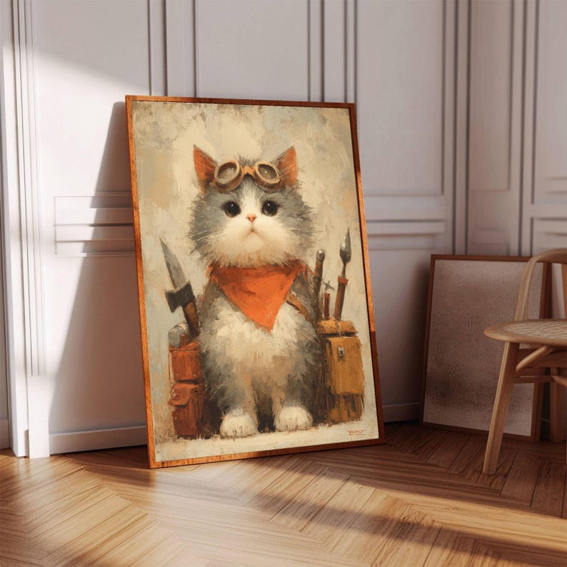 Steampunk Cat Art Print | Pilot Oil Painting Poster | Digital Download ...