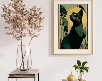 Impresión digital de gato art déco / Póster vintage de gato / Regalo para amantes de los gatos / Decoración elegante / Descarga digital / Regalo para amantes del arte