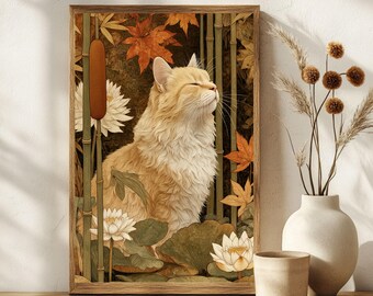 Puede incluir: Una impresión artística enmarcada que presenta un gato naranja sereno con los ojos cerrados, rodeado de bambú, hojas de otoño y nenúfares. La obra de arte tiene una paleta de colores cálidos con tonos de marrón, naranja y verde, creando una escena pacífica inspirada en la naturaleza.