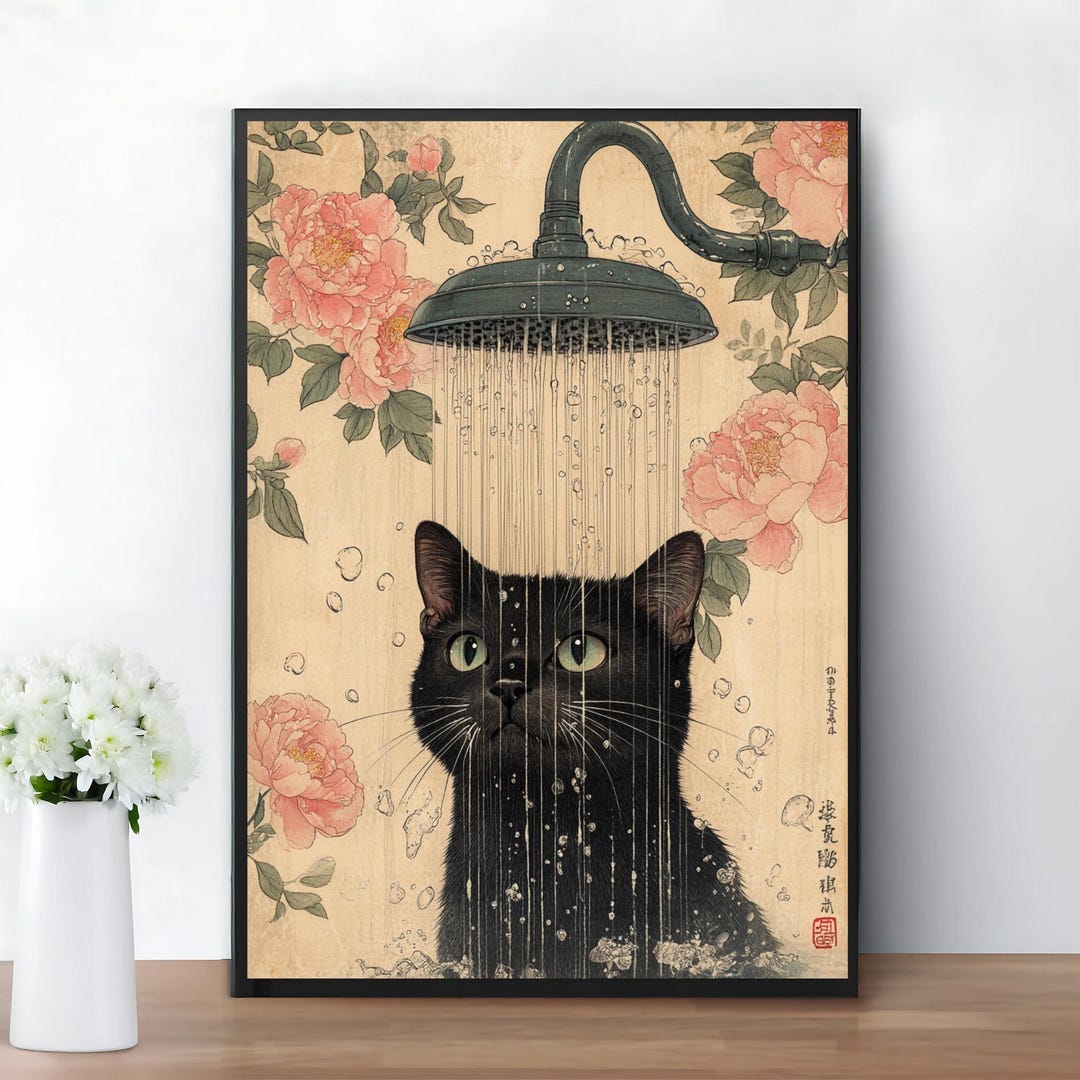 Black Cat in a Shower, Bathroom Wall Art, Cat Print, Botanical Wall Art ...