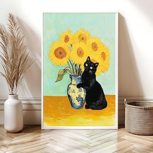 Van Gogh zonnebloemen kat kunstafdruk | Digitale download | Cadeau voor kattenliefhebbers | Grillige muurkunst | Decoratie huisdiereigenaar | Klassieke kunst downloaden