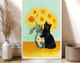 ゴッホのひまわり猫アートプリント | デジタルダウンロード | 猫好きへ