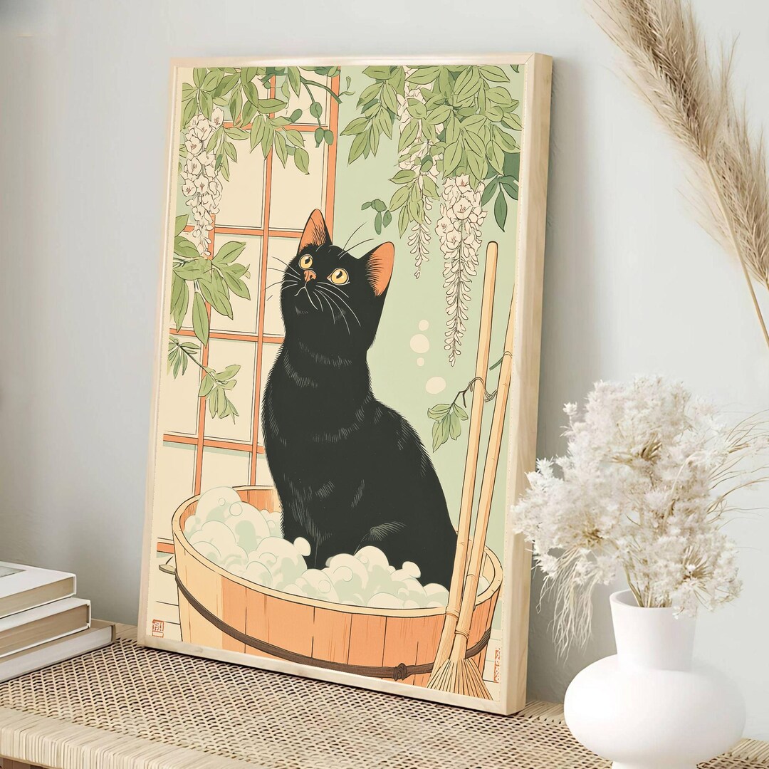 Black Cat in Bath Art Print | Japanese Style Digital Download | Cat ...