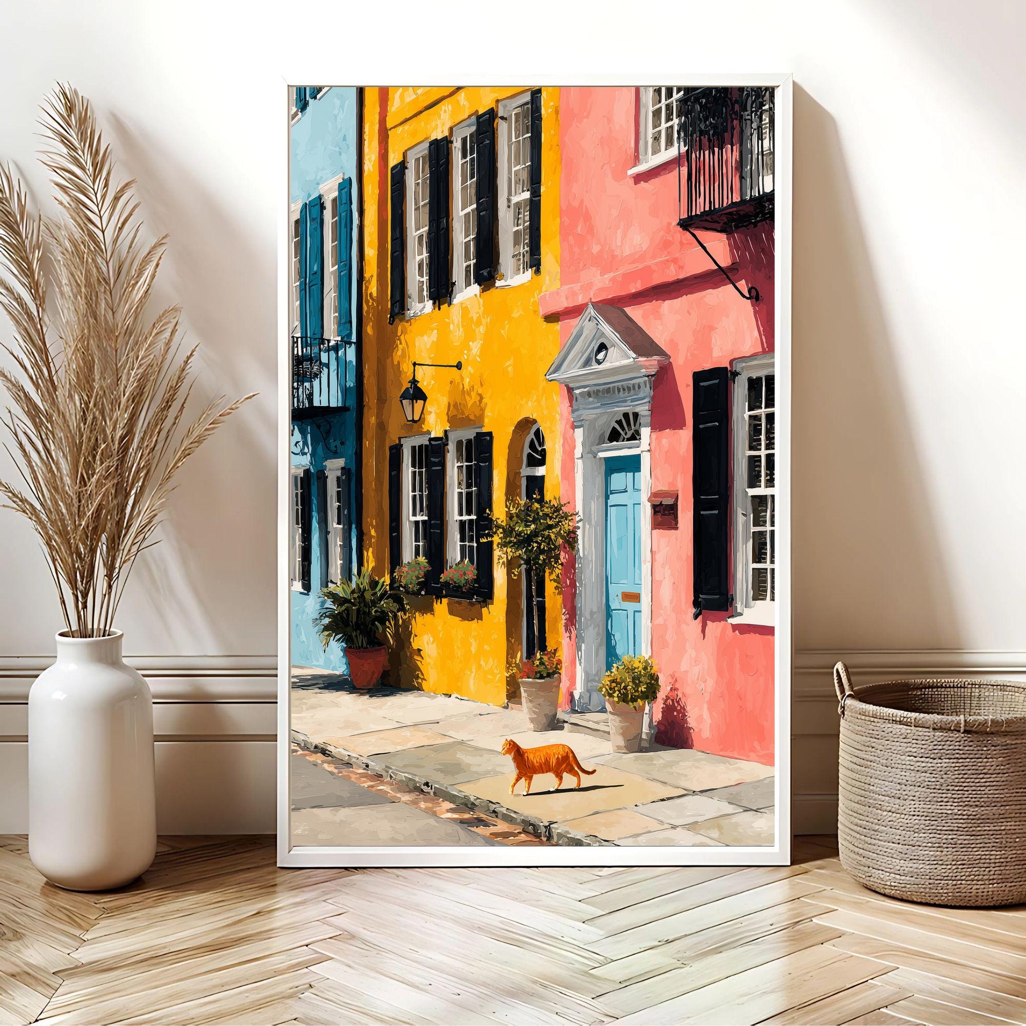 Charleston Rainbow Row Cat Art Print | Vibrant Cat Poster | Colorful Urban Wall Art | Cat Lover Gift | Southern Charm Decor