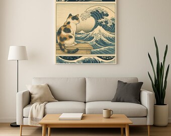 The Wave Woodblock Style Art Print | Japanese Style Digital Download | Ocean Wall Art | Zen Decor | Perfect Gift for Art and Cat Lover