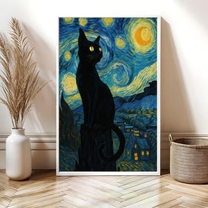 Van Gogh Cat Silhouette Art Print | Impressionist Cat Wall Art | Starry Night Inspired Decor | Cat Lover Gift | Digital Download