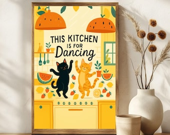 Dancing Cats Pop Art Print | Vibrant Kitchen Decor | Playful Cat Poster | Unique Wall Art | Gift for Cat Lovers | Pop Art Flair
