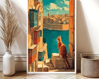 Malta Travel Cat Digital Art Print | Vintage Style Cat Poster | Mediterranean Wall Art | Cat Lover Gift | Travel Decor | Instant Download