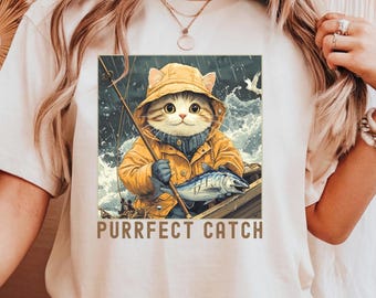 Funny Cat Fisherman Style T-Shirt, Perfect Catch Cat Gift for Pet Lover, Vintage Cat Tee, Funny Fishing humor Cute Cat Shirt